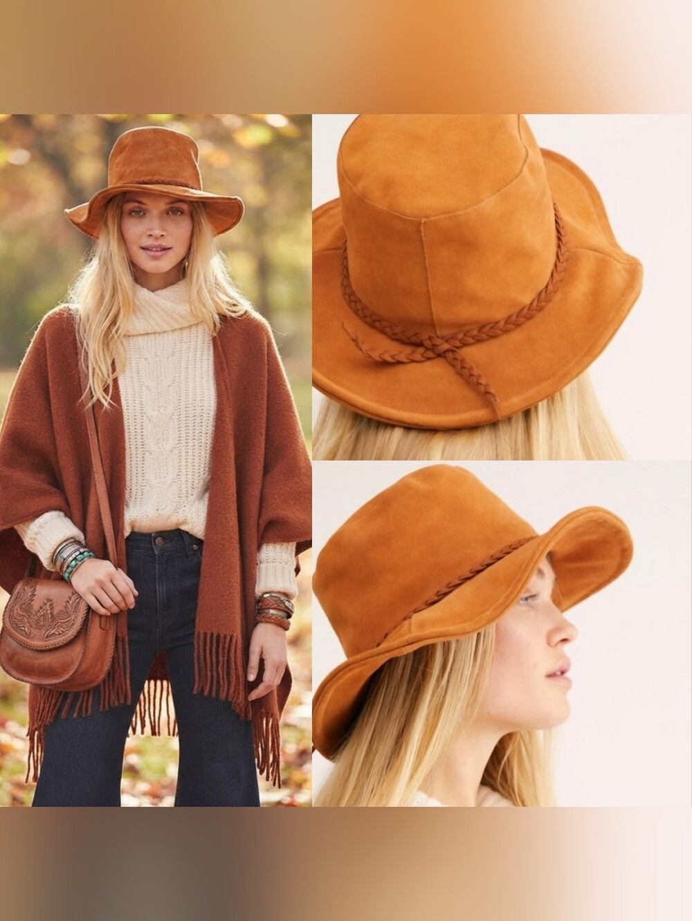 Free People Suede Leather Braided Band Floppy Fedora Bucket Hat Tan Camel OS
